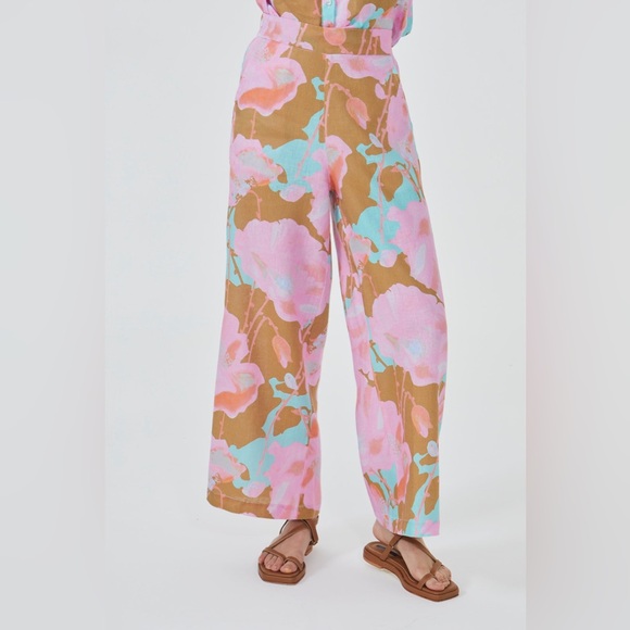 Lanhtropy Pants - High-Waist Wide-Leg Floral Print Pants - Pink & Brown